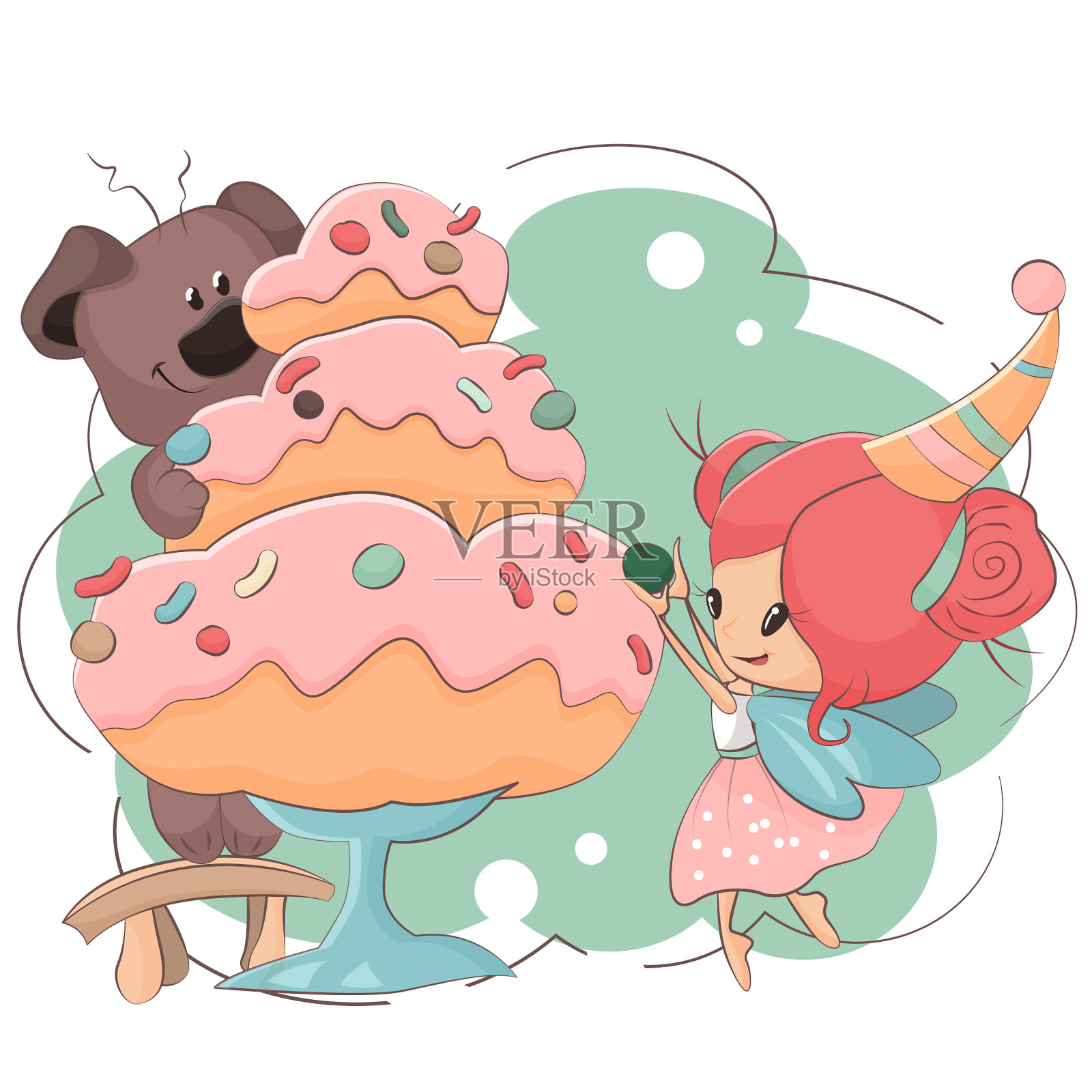 一个仙女和一只熊和一块蛋糕的插图插画图片素材