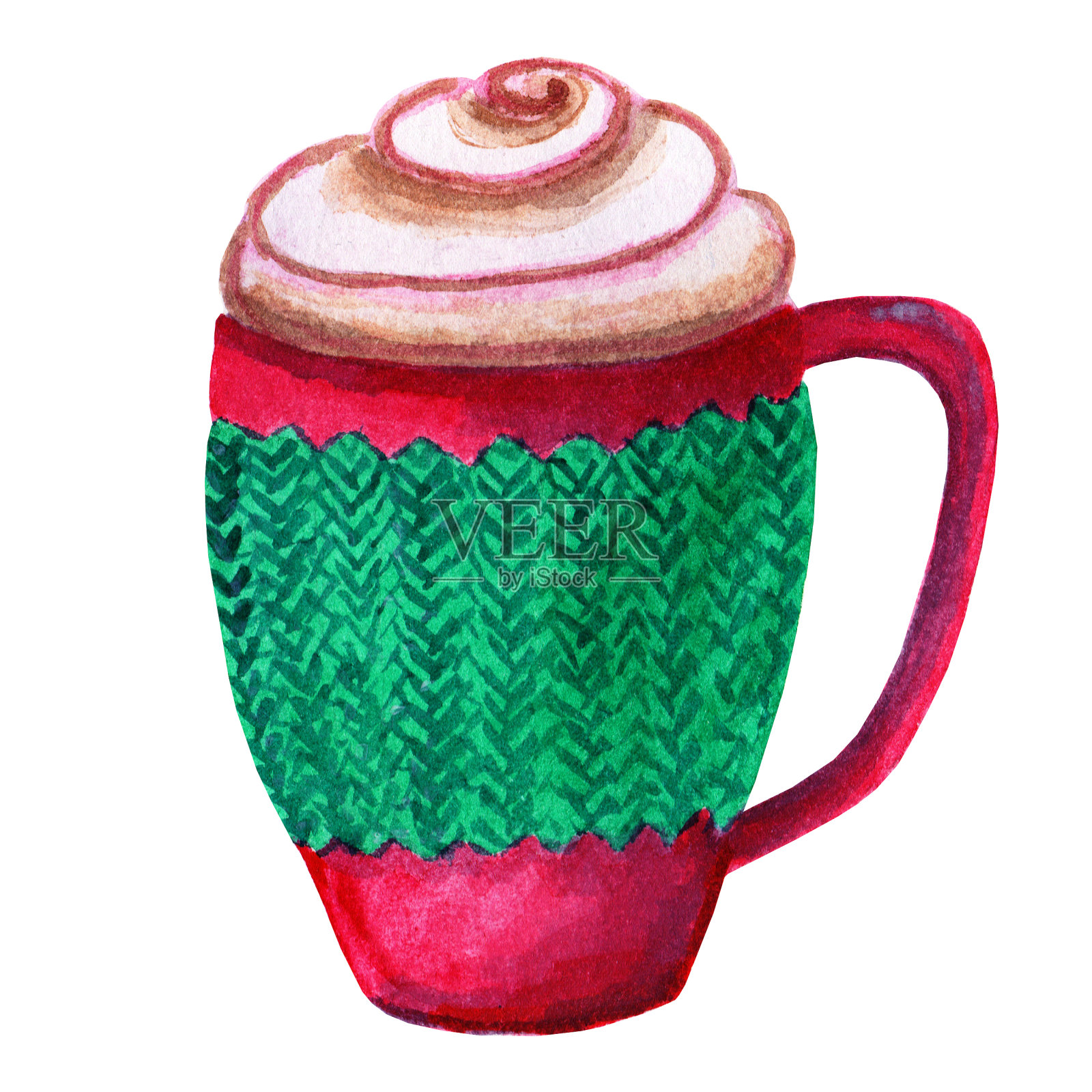 粉红色，绿色的陶瓷杯卡布奇诺。编织的袖口装饰在一杯咖啡上。牛奶泡沫，彩色巧克力釉滴，糖衣。插画图片素材