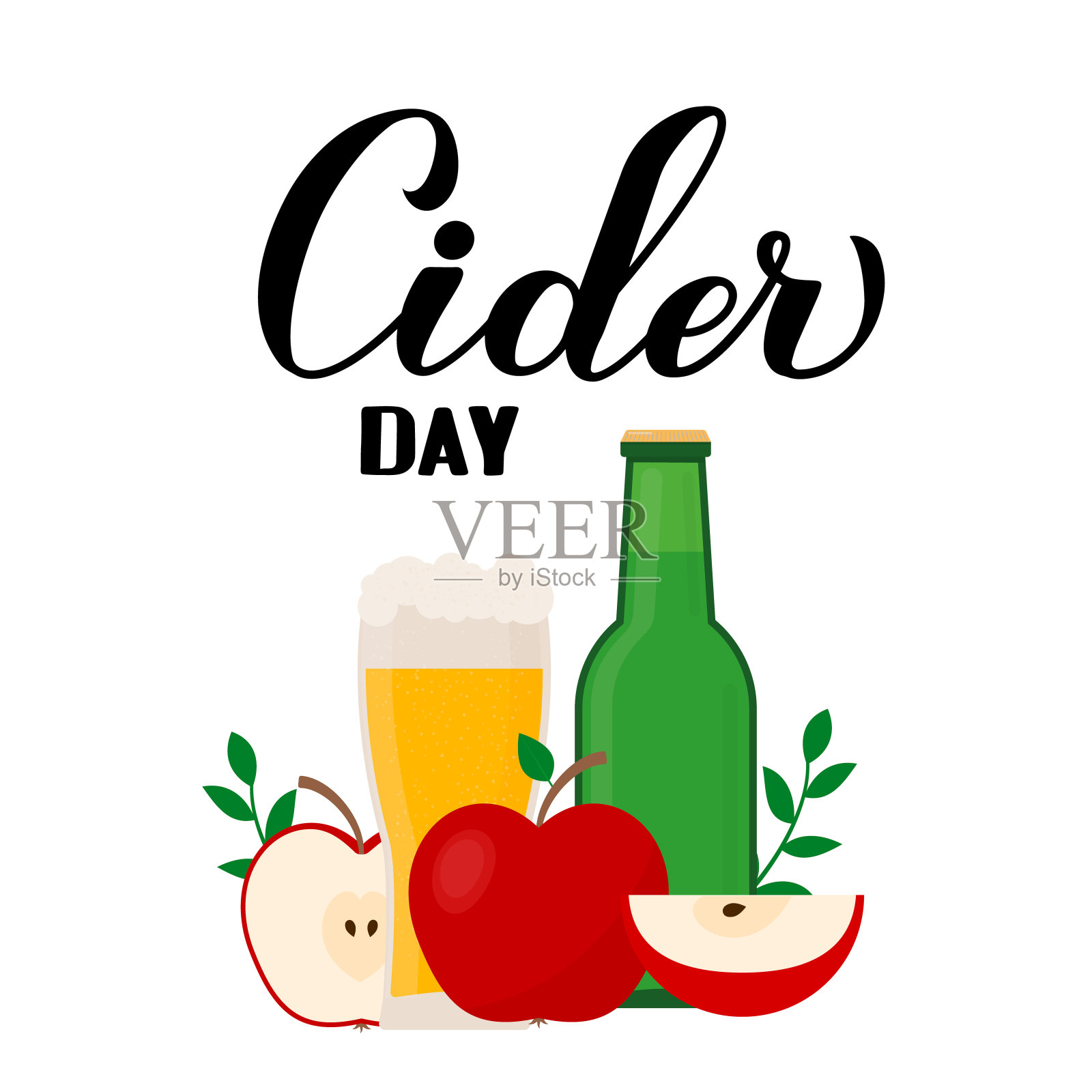 苹果酒日用书法刻有苹果，酒瓶和酒杯上的饮料隔白。矢量模板印刷海报，横幅，传单，贴纸，t恤，明信片，徽章设计等。设计模板素材
