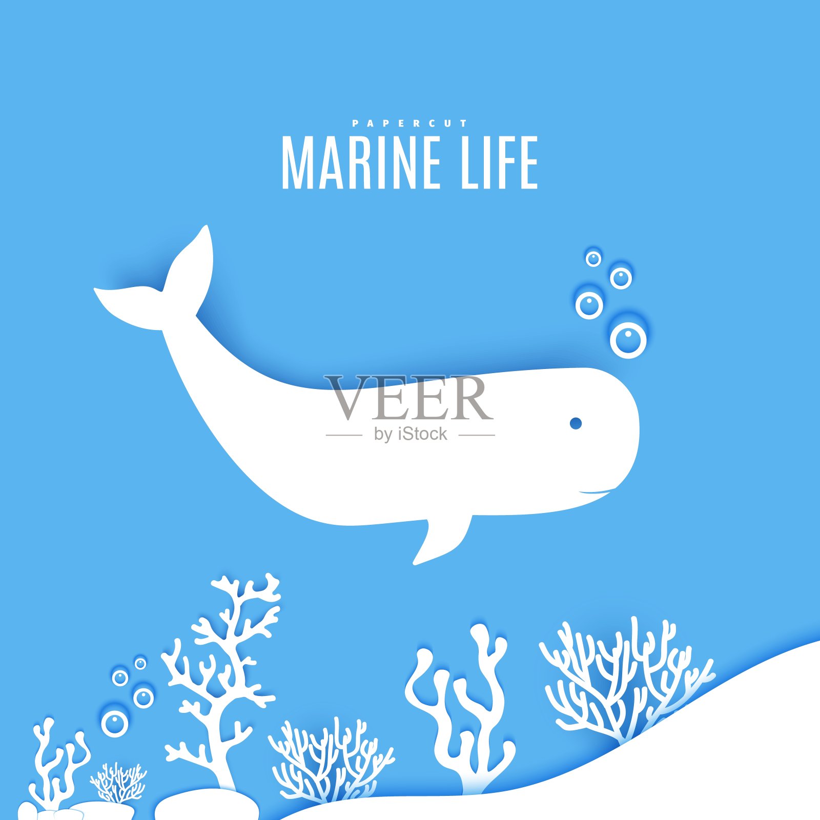 剪纸风格的海底抹香鲸。剪纸三维元素海洋生物海底藻类和珊瑚。媒介生态的概念。制作蓝白相间的硬纸板水下海洋。插画图片素材