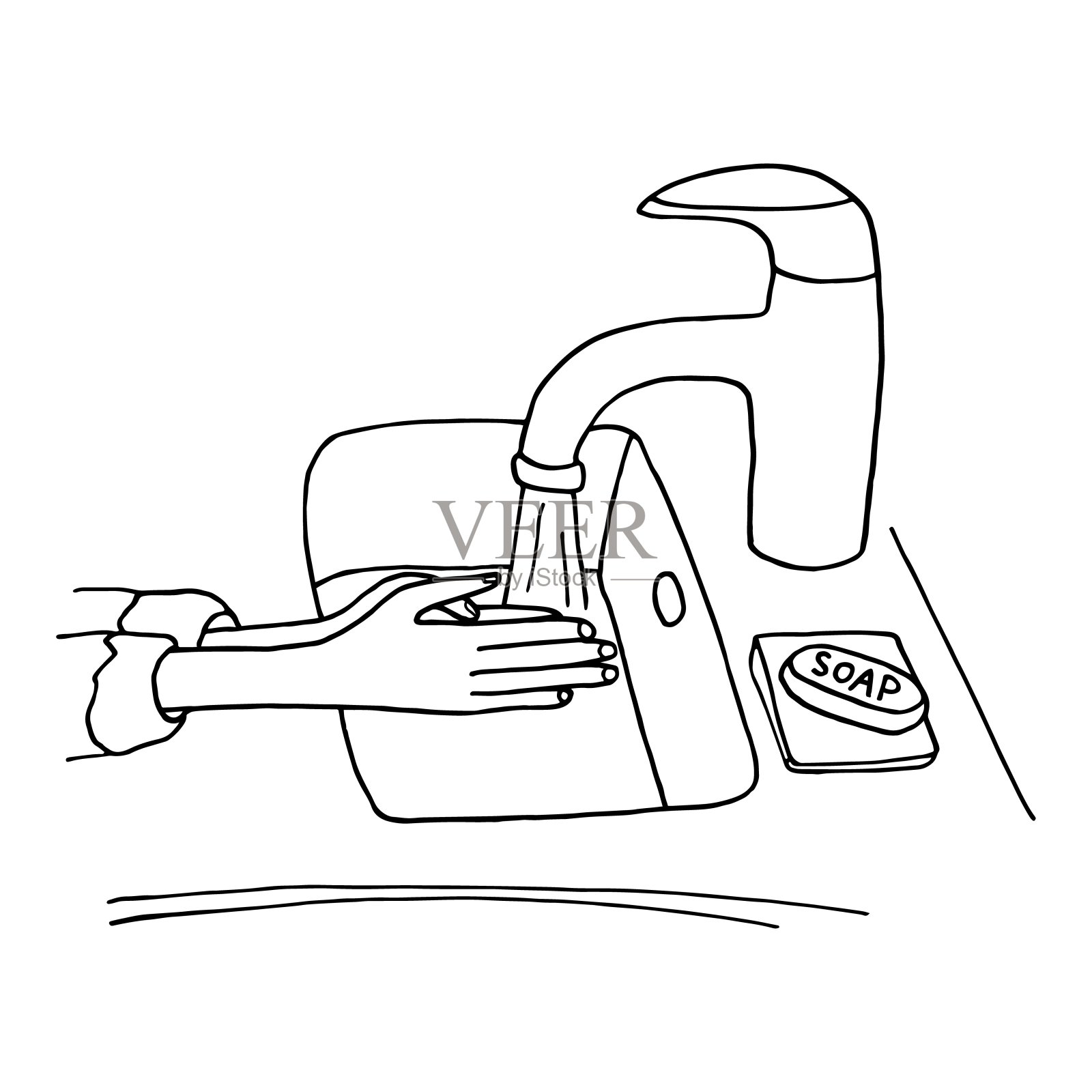 用肥皂洗手矢量涂鸦插图。在白色背景上孤立的水龙头下勾画出手的轮廓。冠状病毒预防，病毒消毒。插画图片素材