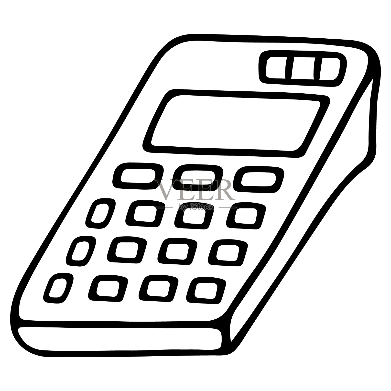 计算器。用于计算的电子计算装置。矢量插图。轮廓在一个孤立的白色背景。涂鸦风格。草图。写数字的地方。办公和家庭的工具。插画图片素材