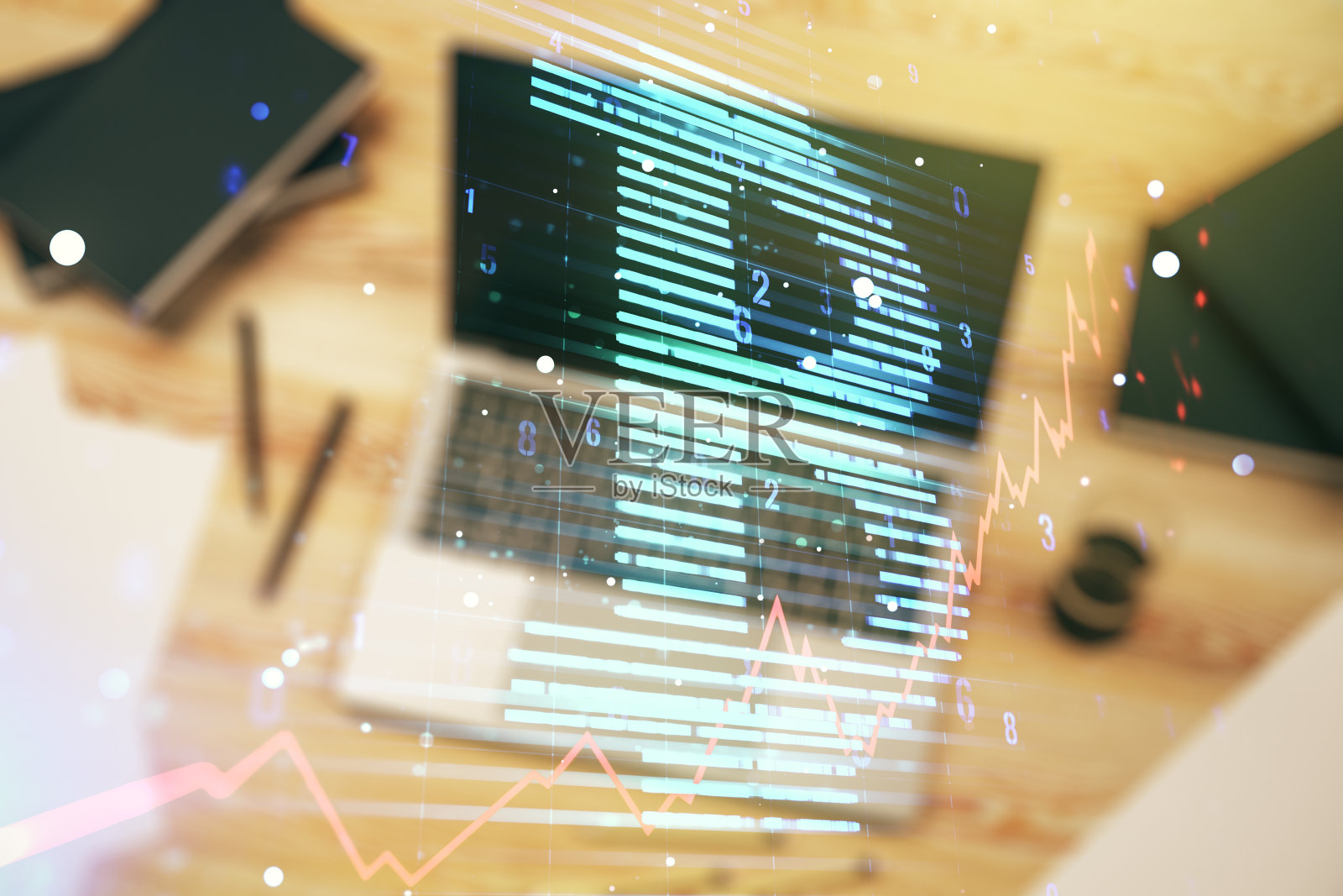 双重曝光创意比特币符号全息图与电脑背景。采矿和区块链概念照片摄影图片