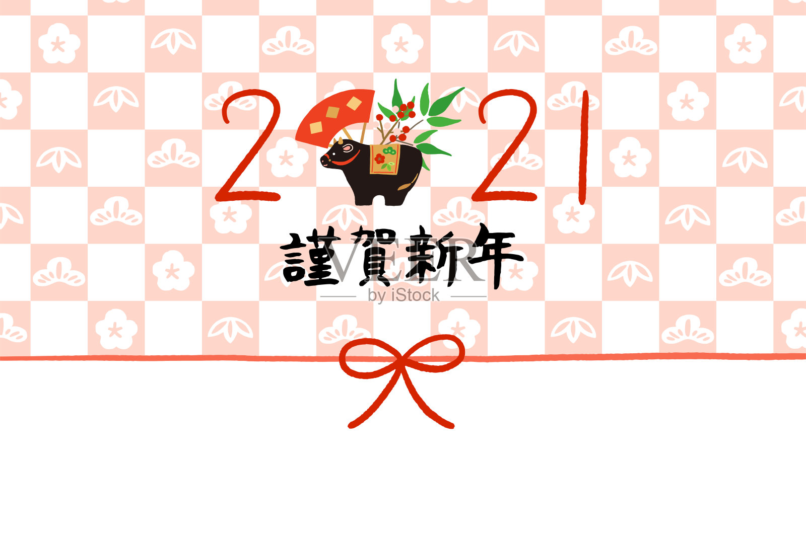 日本的2021年贺年卡，装饰牛与格子图案的背景和丝带插画图片素材