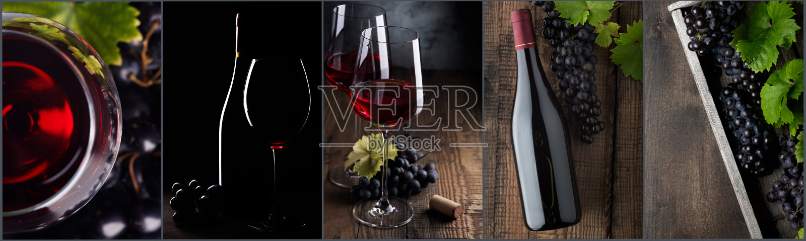 酒拼贴画。红酒酒瓶和酒杯在不同的背景下，照片拼贴横幅照片摄影图片