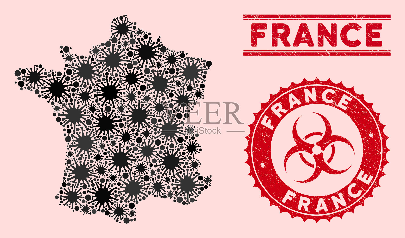带有纹理的冠状病毒马赛克法国地图插画图片素材