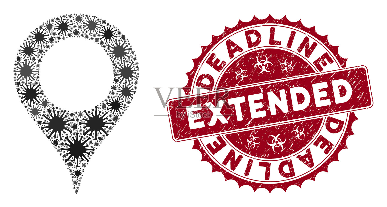 冠状病毒拼贴地图标记图标与划痕插画图片素材