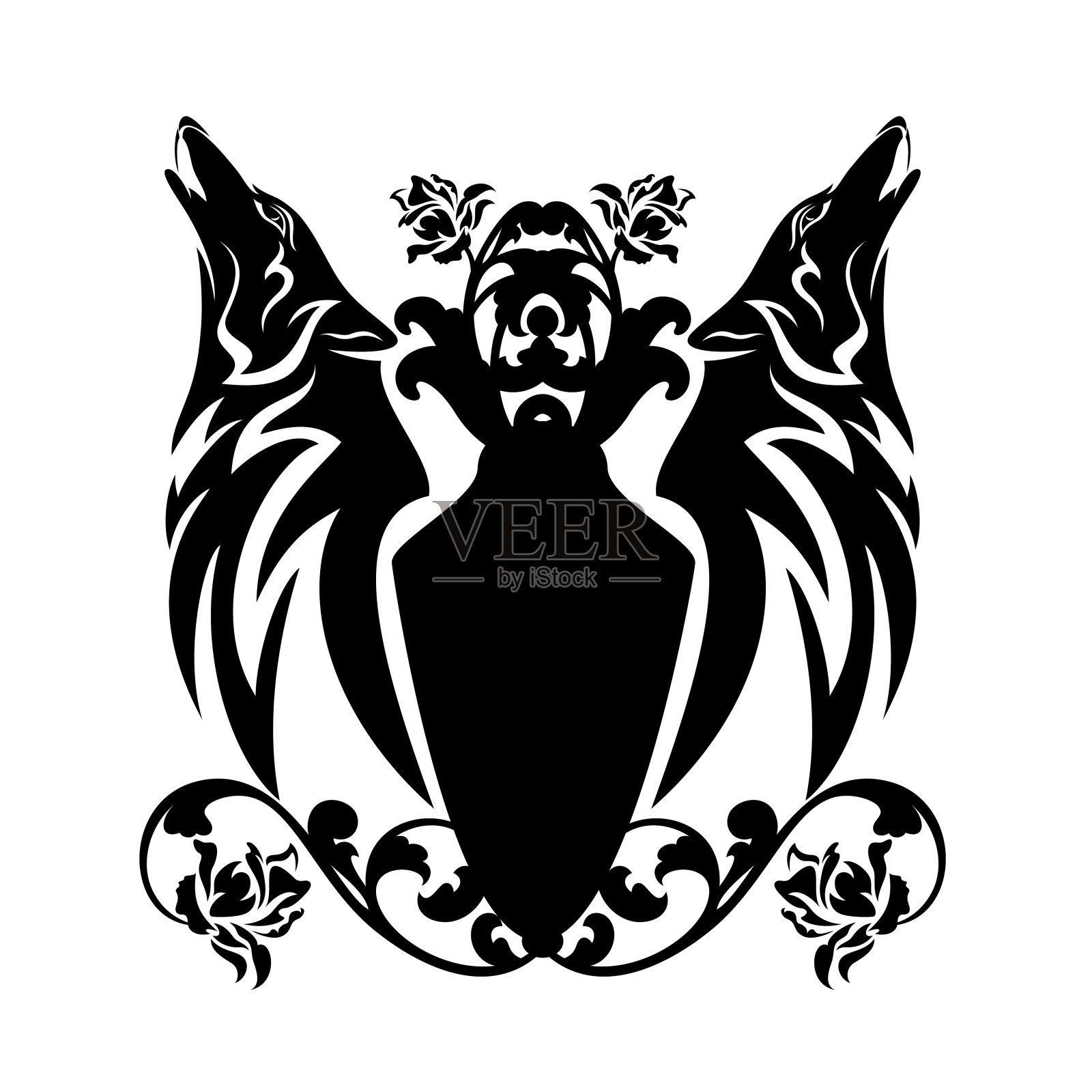 嚎叫的狼和玫瑰花朵周围纹章盾黑色矢量剪影设计插画图片素材