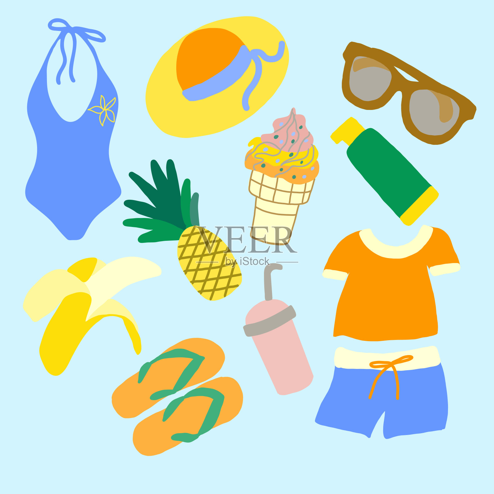 一组海滩的东西和水果在矢量图形上的蓝色背景。用于设计明信片、海报、夏季插图、封面、包装纸设计元素图片