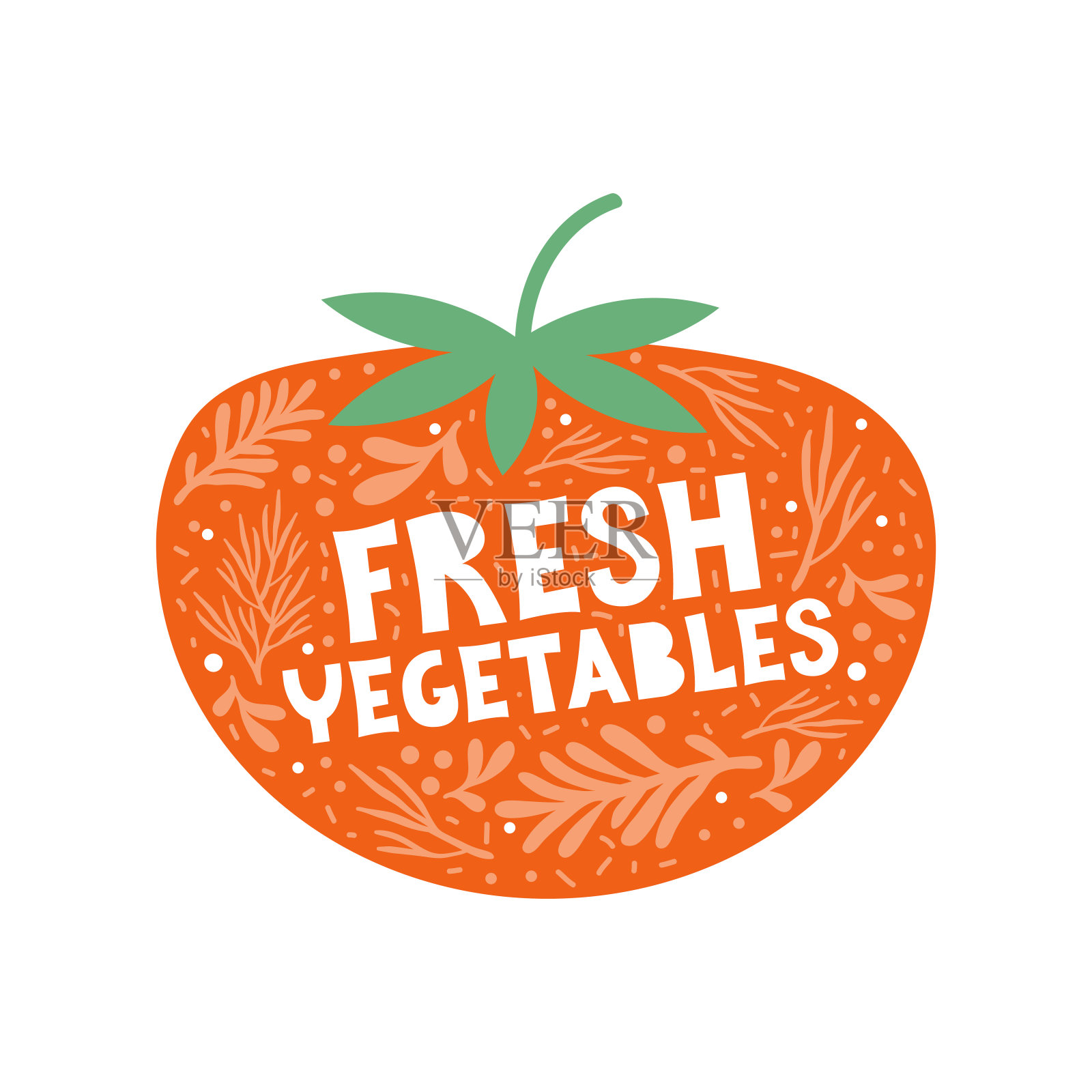 在红色番茄的背景上手写的新鲜蔬菜报价。健康食品和饮食的概念。北欧风格。手绘彩色蔬菜涂鸦。矢量插图。图标、标志或符号插画图片素材