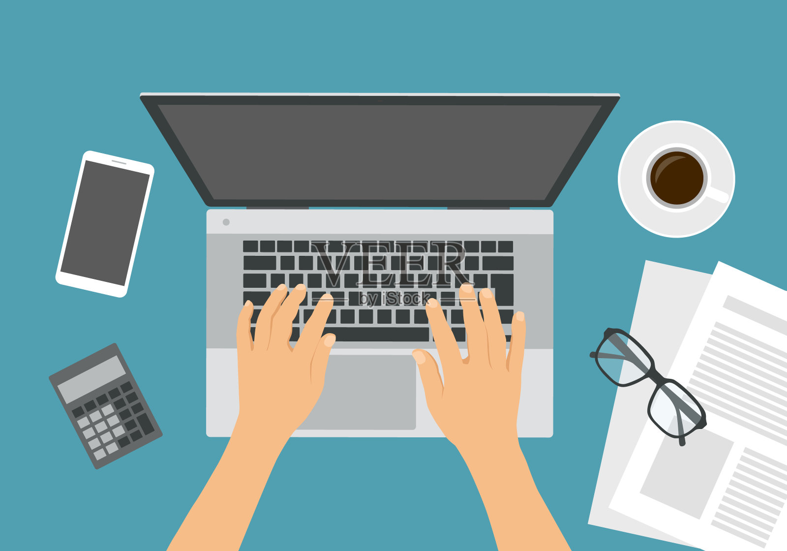 平面设计的办公桌插图和手打字在银色笔记本电脑键盘。俯视图的手机，杯子和咖啡杯。用于文本的空间，在蓝色背景上隔离-向量插画图片素材