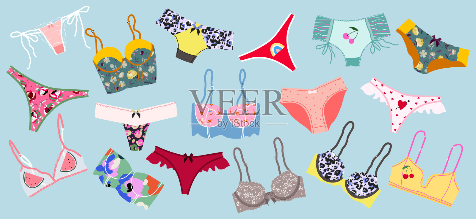 时尚女性内衣，内衣套装。内裤，比基尼和胸罩。现代手绘彩色女性内衣集。漂亮的丁字裤和蕾丝胸罩。感官和女性的概念。插画图片素材