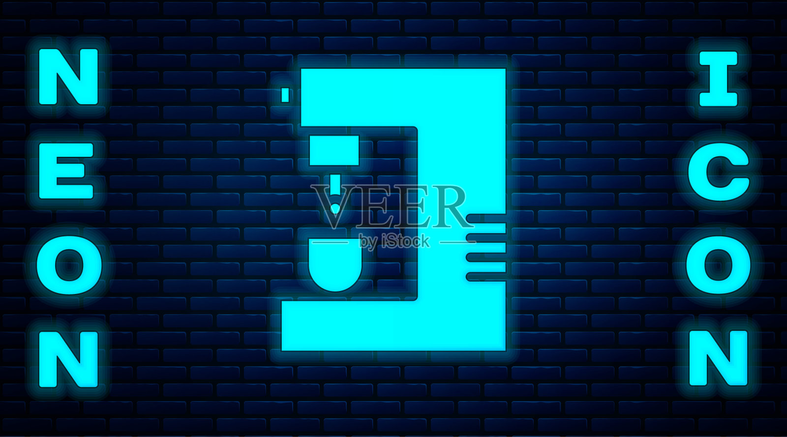 霓虹灯咖啡机图标孤立在砖墙背景上。矢量图插画图片素材