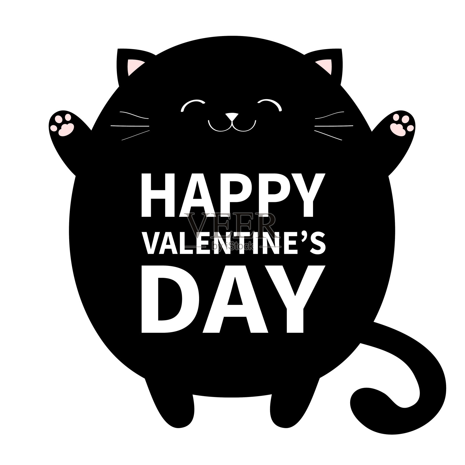 情人节快乐。黑猫准备拥抱了。张开的手掌上有粉红色的爪印。凯蒂想要一个拥抱。可爱的小动物。可爱的卡通人物。平面设计。白色背景。插画图片素材