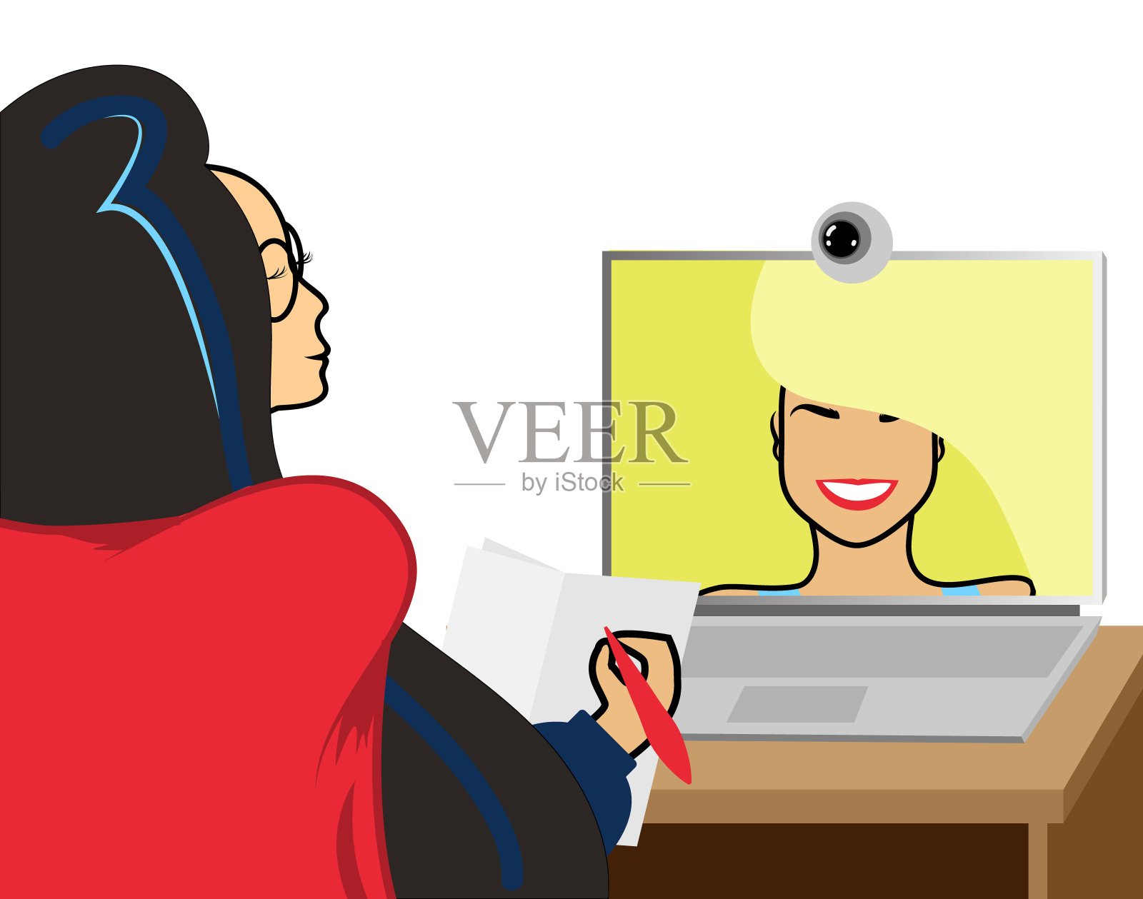 疫情期间进行远程视频的心理学家和客户矢量素材：心理治疗、言语治疗、心理健康概念插画图片素材