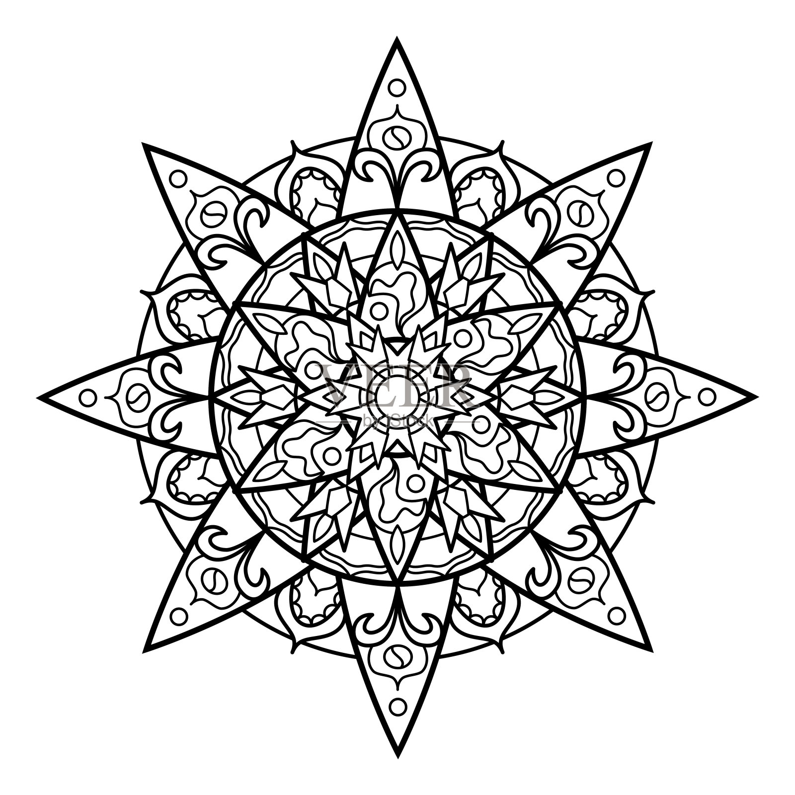 黑白矢量曼荼罗在白色背景。花成人着色页。东方曼陀罗装饰孤立插画图片素材