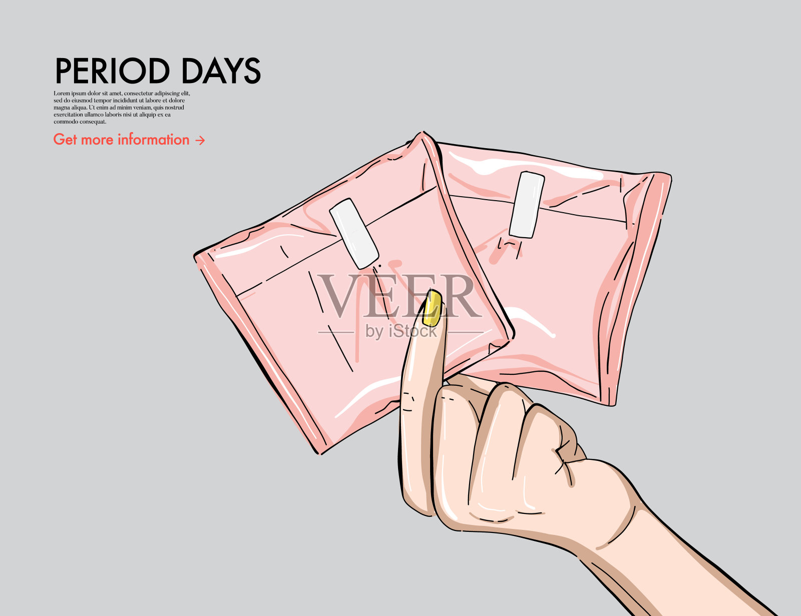 经期护垫艺术，舒适自然的女性经期每月月经卫生防护，每月月经周期广告，pms画中矢量。流血卡通平面素描，美女女天艺术设计模板素材