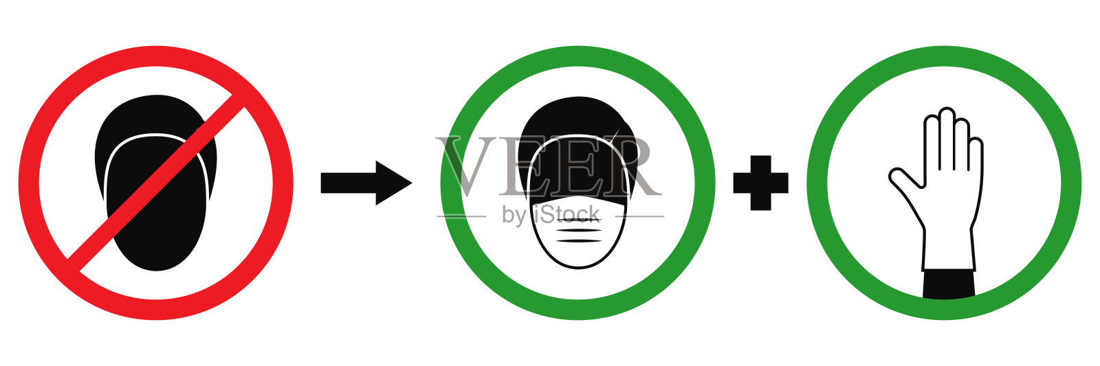 矢量股票图标，禁止与一个开放的脸，没有一个医疗面具。呼吁佩戴医用防护口罩和手套，预防流感病毒和冠状病毒(COVID-19)感染插画图片素材