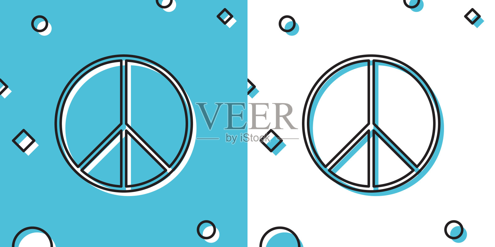 黑色和平标志图标孤立在蓝色和白色的背景。嬉皮士是和平的象征。随机动态形状。矢量图插画图片素材