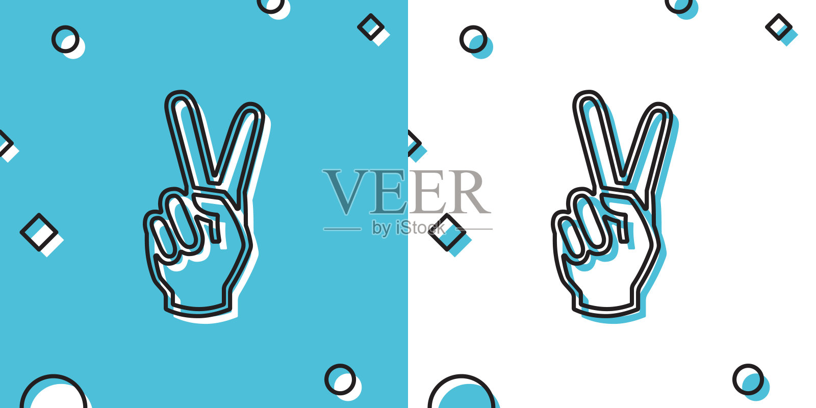 黑手显示两个手指图标孤立在蓝色和白色的背景。胜利的手的迹象。随机动态形状。矢量图插画图片素材