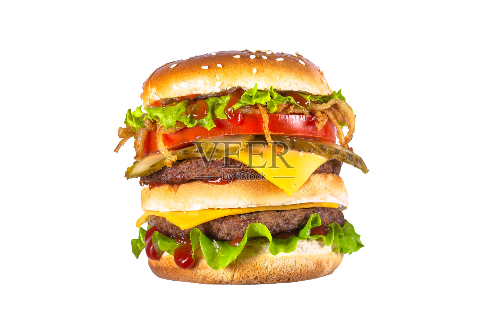 双层白色汉堡，鸡肉，多汁的肉片，奶酪，洋葱，生菜，香草，西红柿，在白色的背景孤立照片摄影图片