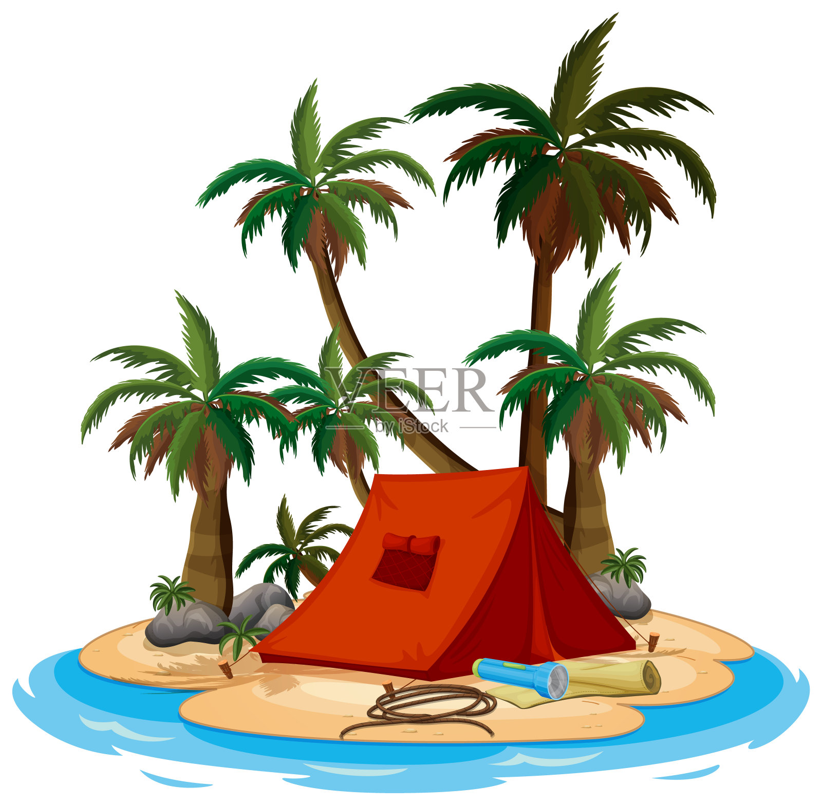 白色背景上岛上的红色帐篷的场景插画图片素材