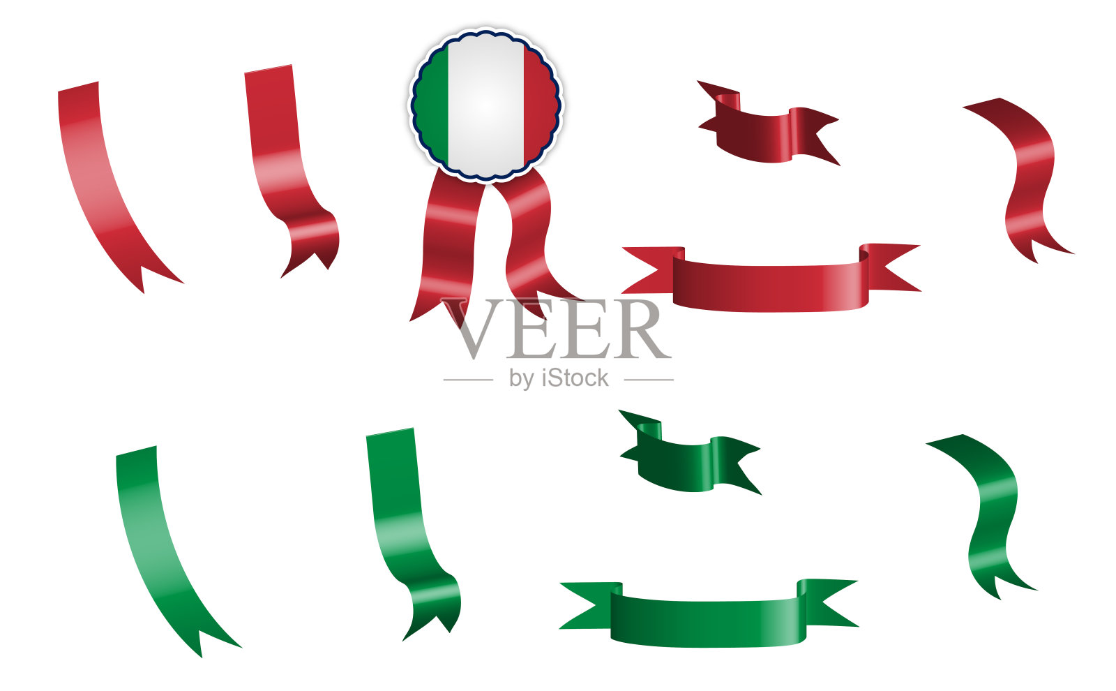 标签，一套红色和绿色的丝带与标签，在意大利国旗的颜色。白色上的孤立向量插画图片素材