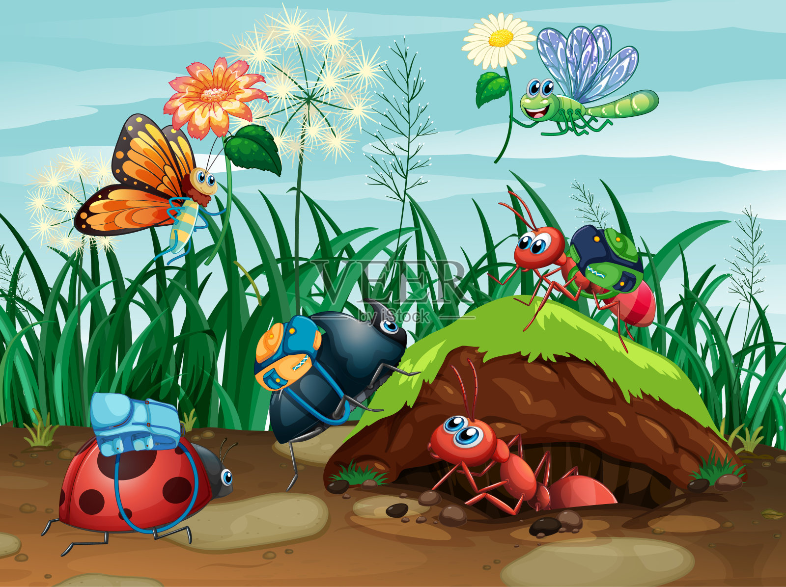 花园里有许多虫子的场景插画图片素材