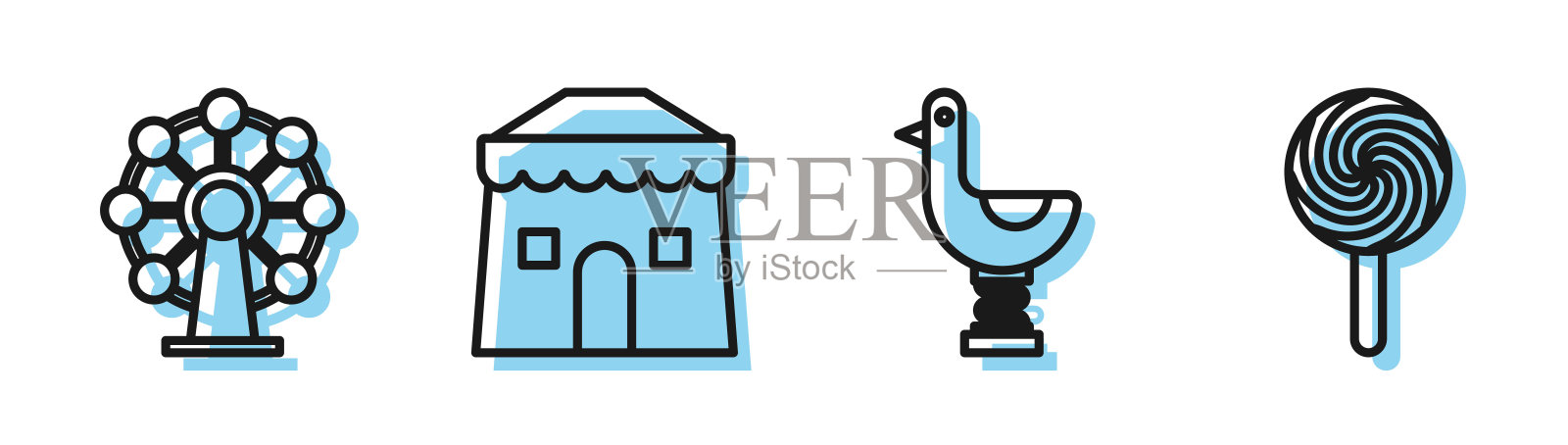 设定线骑小鸭子，摩天轮，马戏团帐篷和棒棒糖图标。向量插画图片素材