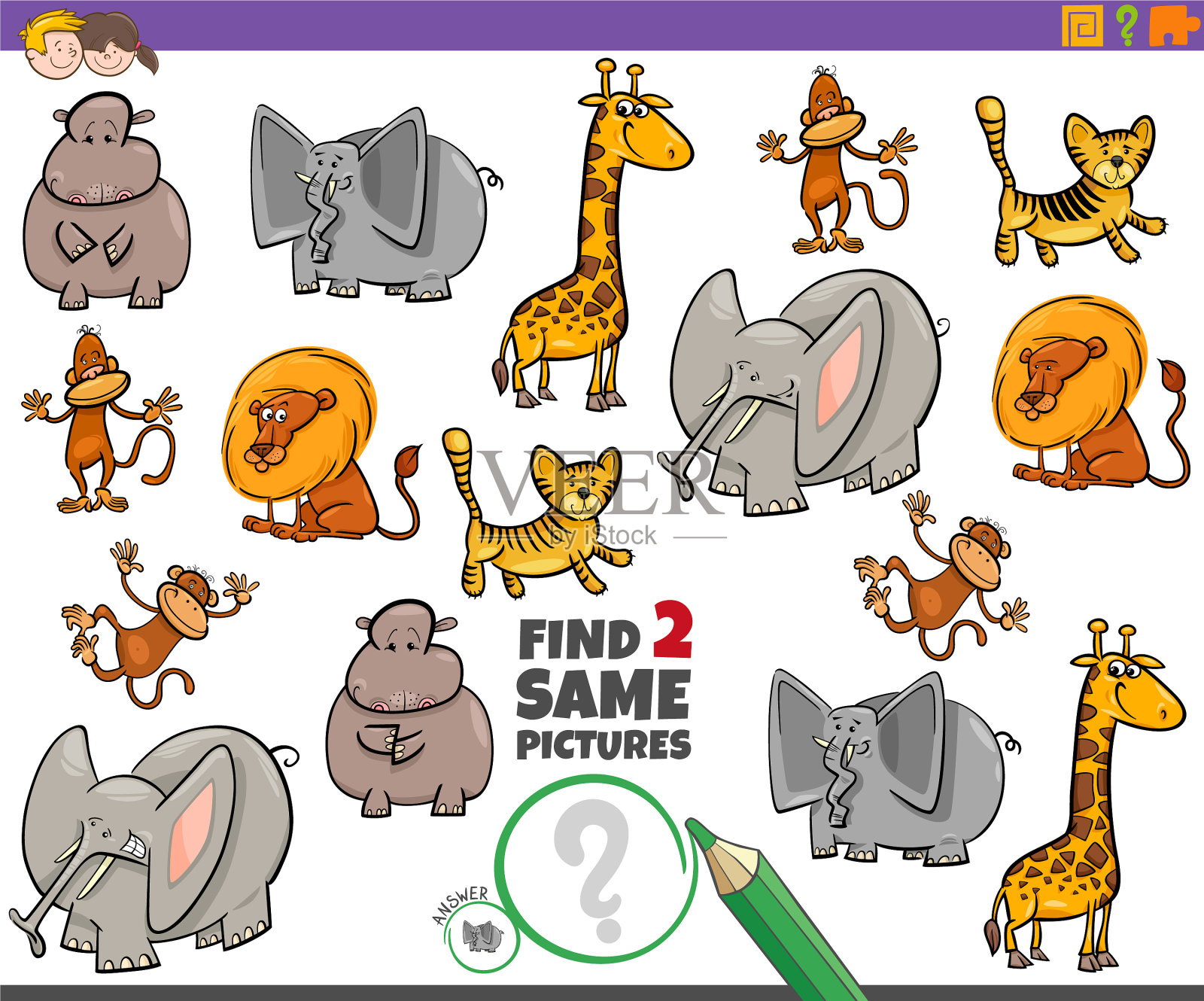 寻找两个相同的动物角色的儿童游戏插画图片素材