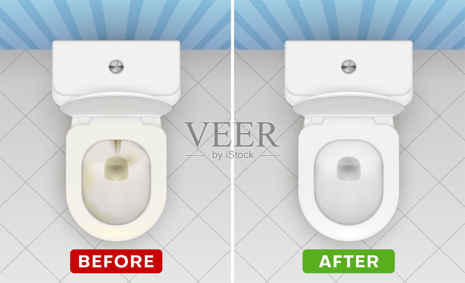 WC锅前后清洗逼真的插图。马桶清洁剂、洗涤剂广告。插画图片素材