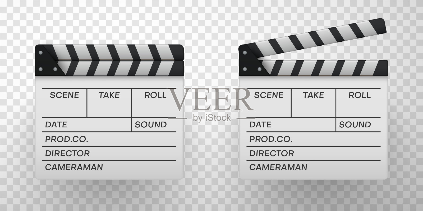 白色电影拍手现实图标集。护墙板打开又关闭。插画图片素材