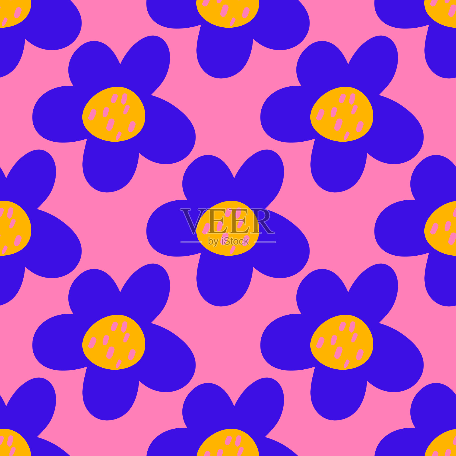 可爱的卡通圆点花在平面风格无缝图案。花卉童稚风格背景。矢量插图。插画图片素材