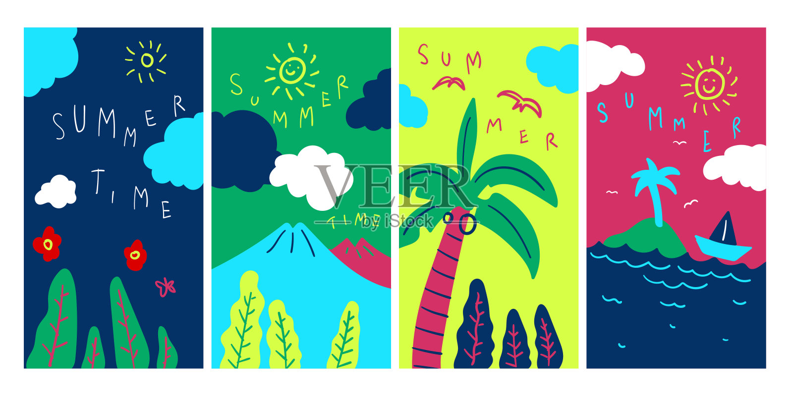 矢量彩色插图夏季在海滩和山插画图片素材