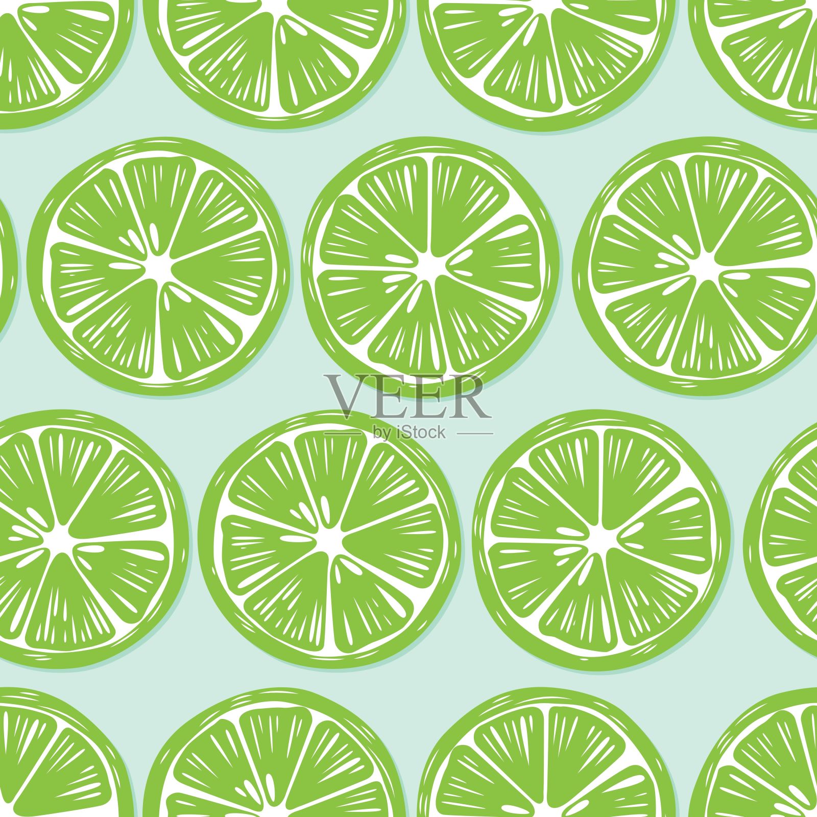 水果无缝图案，青柠片与阴影在明亮的蓝色背景。夏天充满活力的设计。奇异的热带水果。色彩斑斓的矢量图插画图片素材