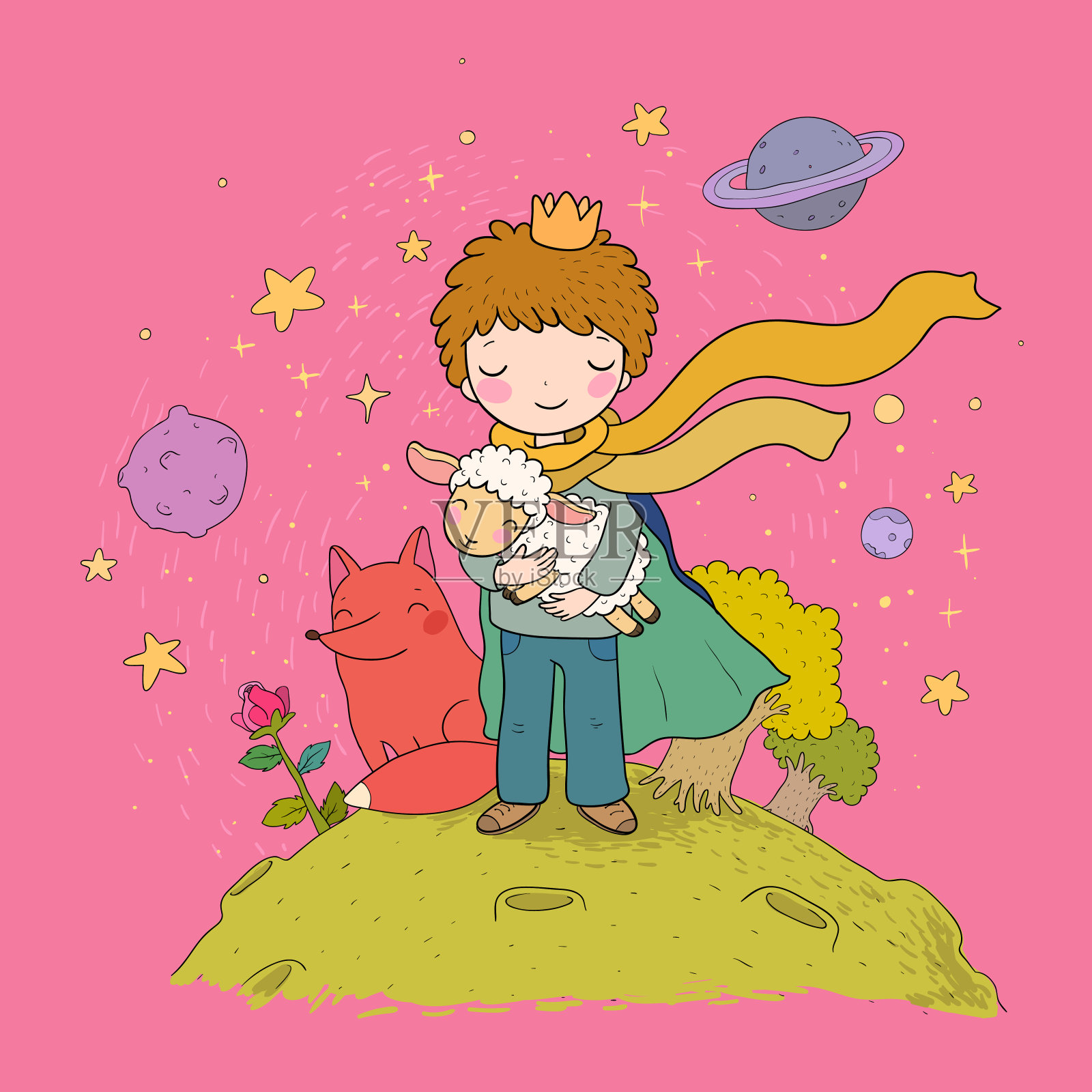 小王子。一个关于一个男孩，一朵玫瑰，一颗行星和一只狐狸的童话。插画图片素材