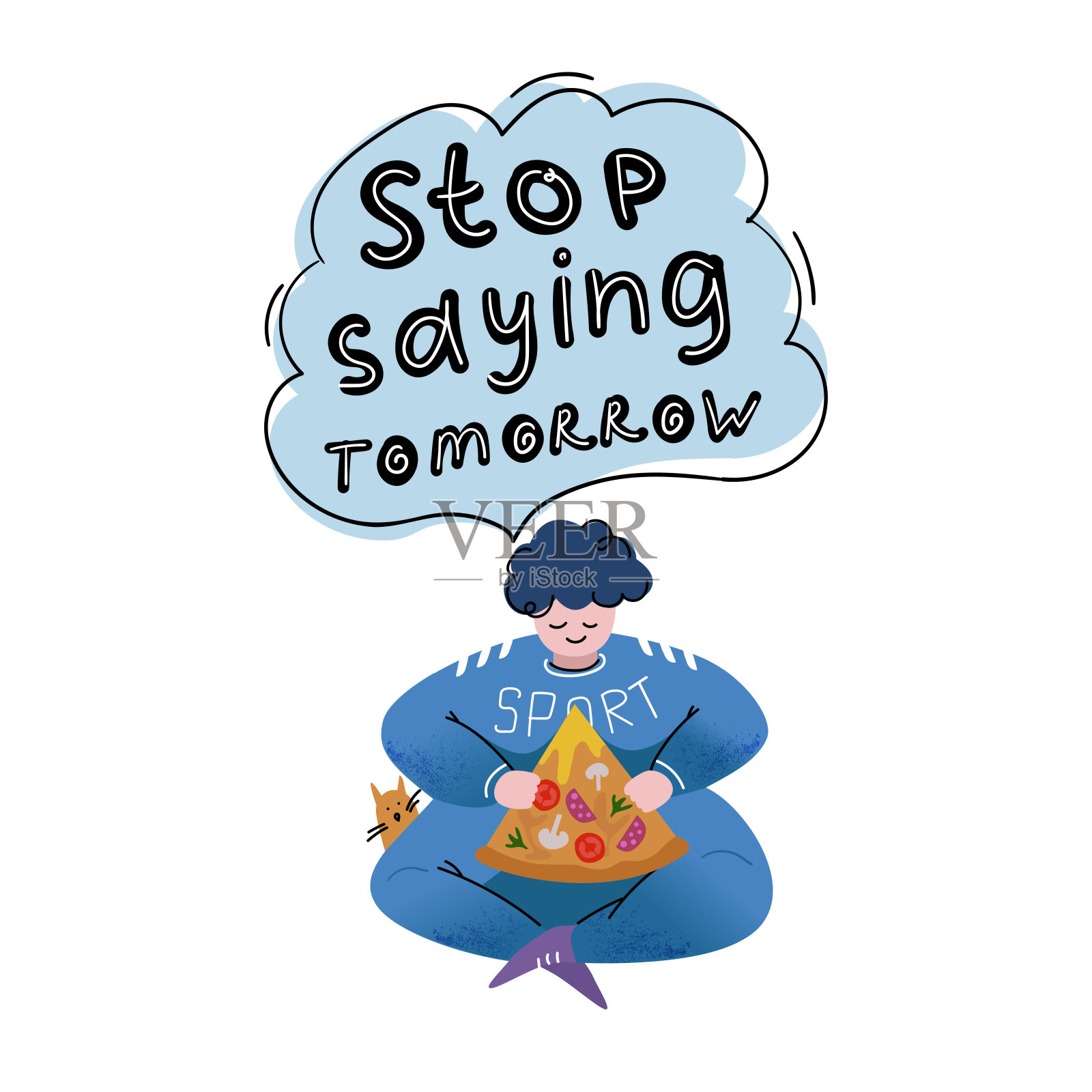 穿着运动服的胖女人正拿着一片披萨坐着。在思想的云里刻字-停止说明天。插画图片素材