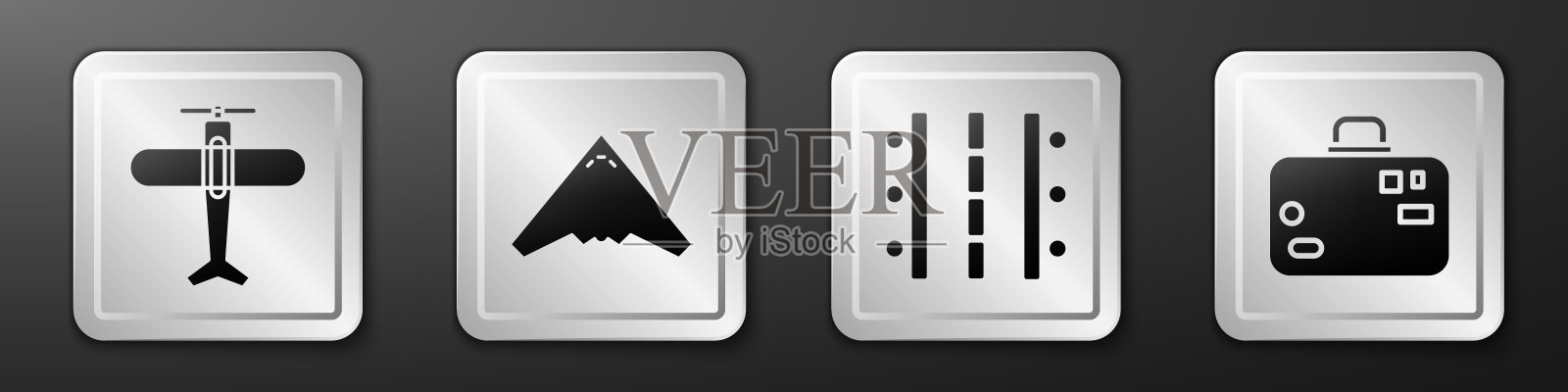 设置飞机，喷气式战斗机，机场跑道和手提箱图标。银广场按钮。向量图标素材