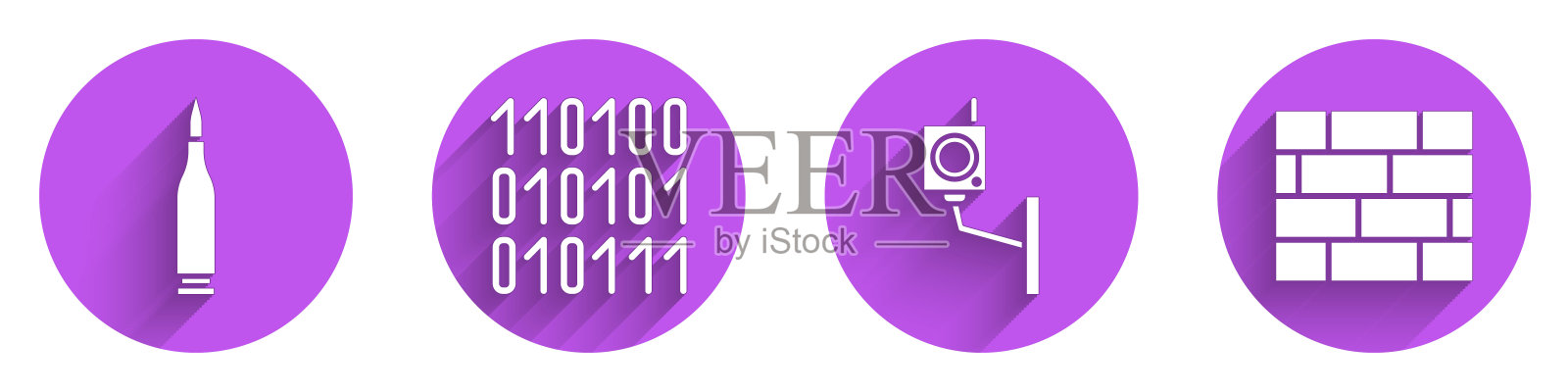 设置子弹，二进制代码，安全摄像头和砖块图标与长影子。向量插画图片素材