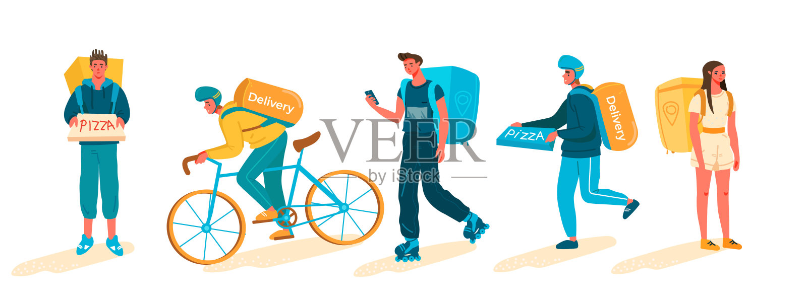 在Covid - 19大流行期间提供送货人员和送货服务。平面卡通矢量插图。插画图片素材