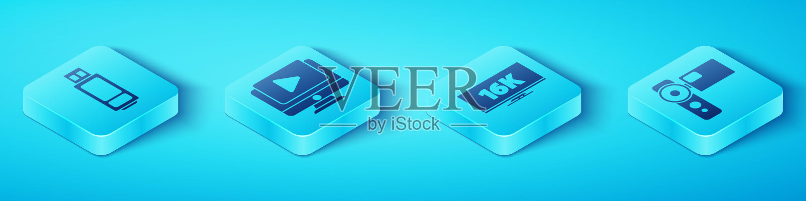 设置等距USB闪存驱动器，在线播放视频，影院摄像头和屏幕电视16k图标。向量插画图片素材