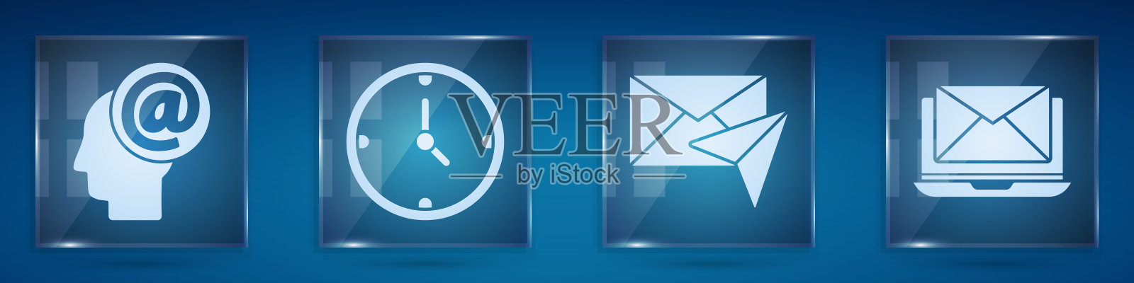用信封设置邮件和电子邮件，时钟，信封和笔记本电脑。方形玻璃面板。向量图标素材