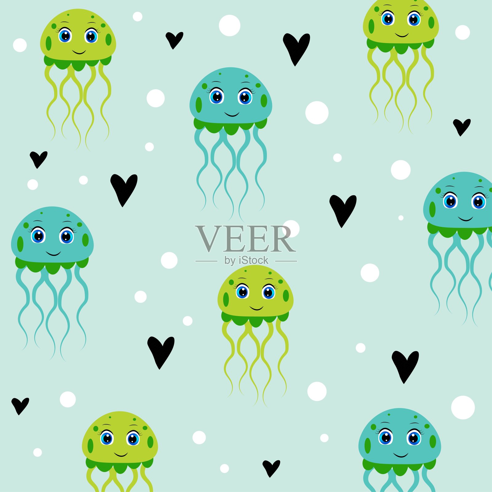可爱的卡通水母图案插图，彩色矢量插画图片素材
