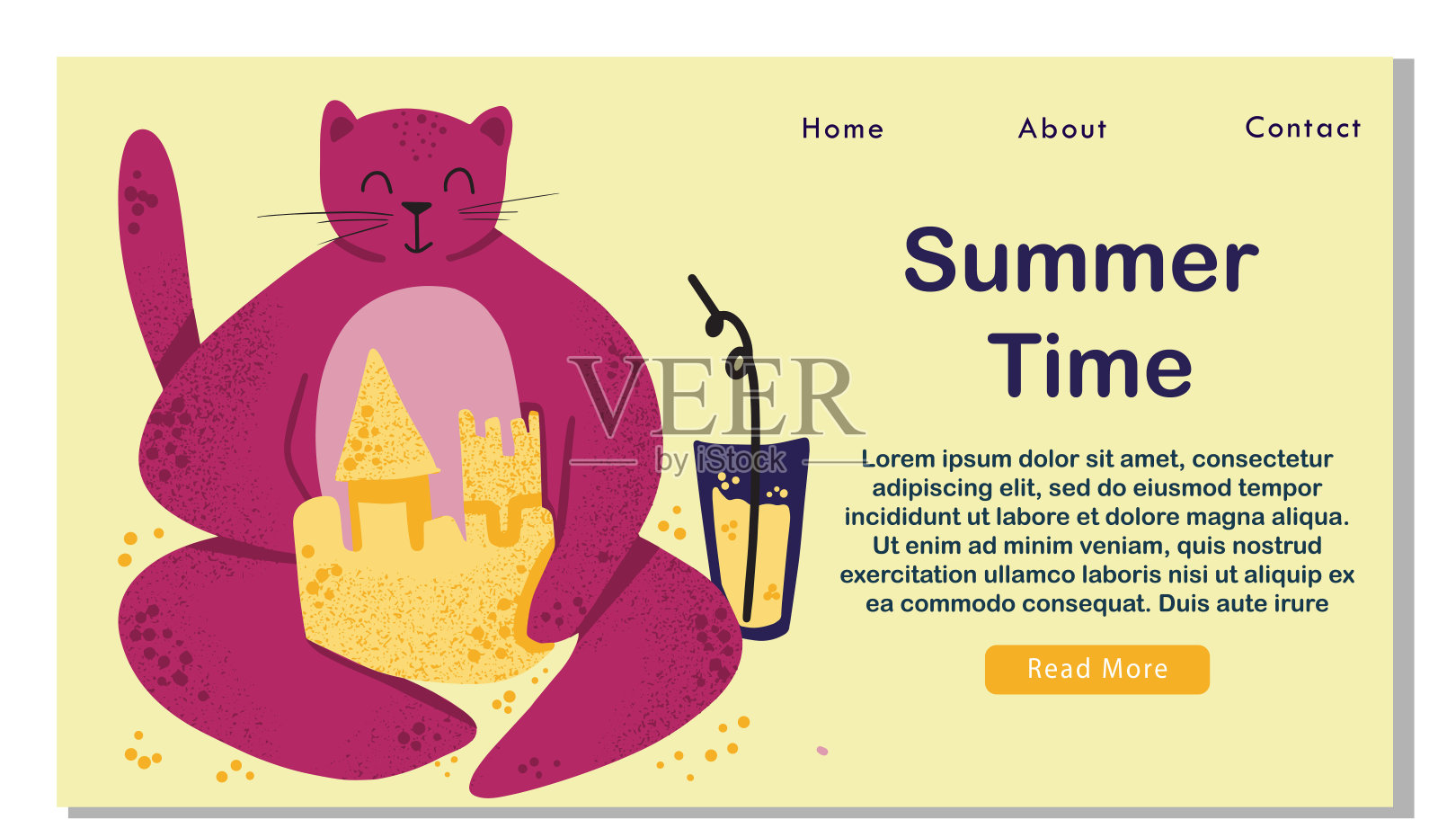 有趣的猫在沙滩上建造沙堡。盛夏时节登陆，旗帜飘扬。插图的暑假和旅游主题插画图片素材