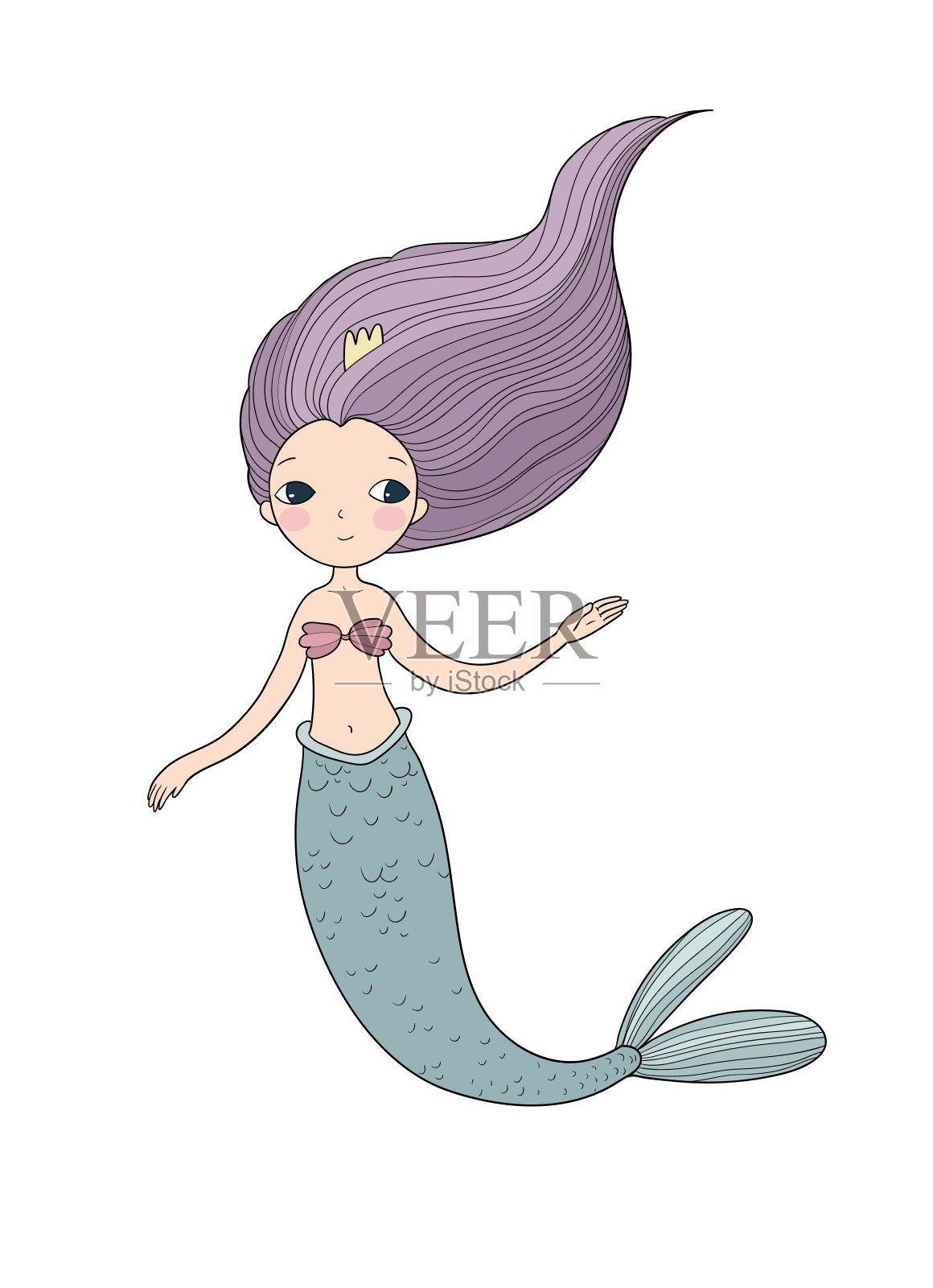 可爱的卡通小美人鱼塞壬海的主题白色背景上的孤立物体插画图片素材
