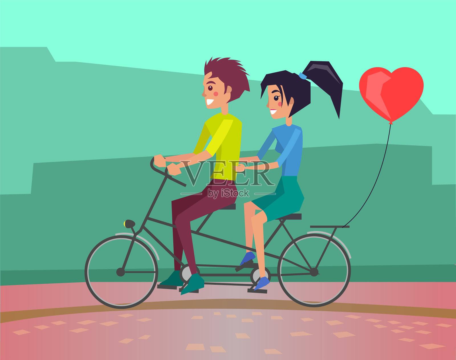 一对情侣在约会骑自行车和气球浪漫插画图片素材