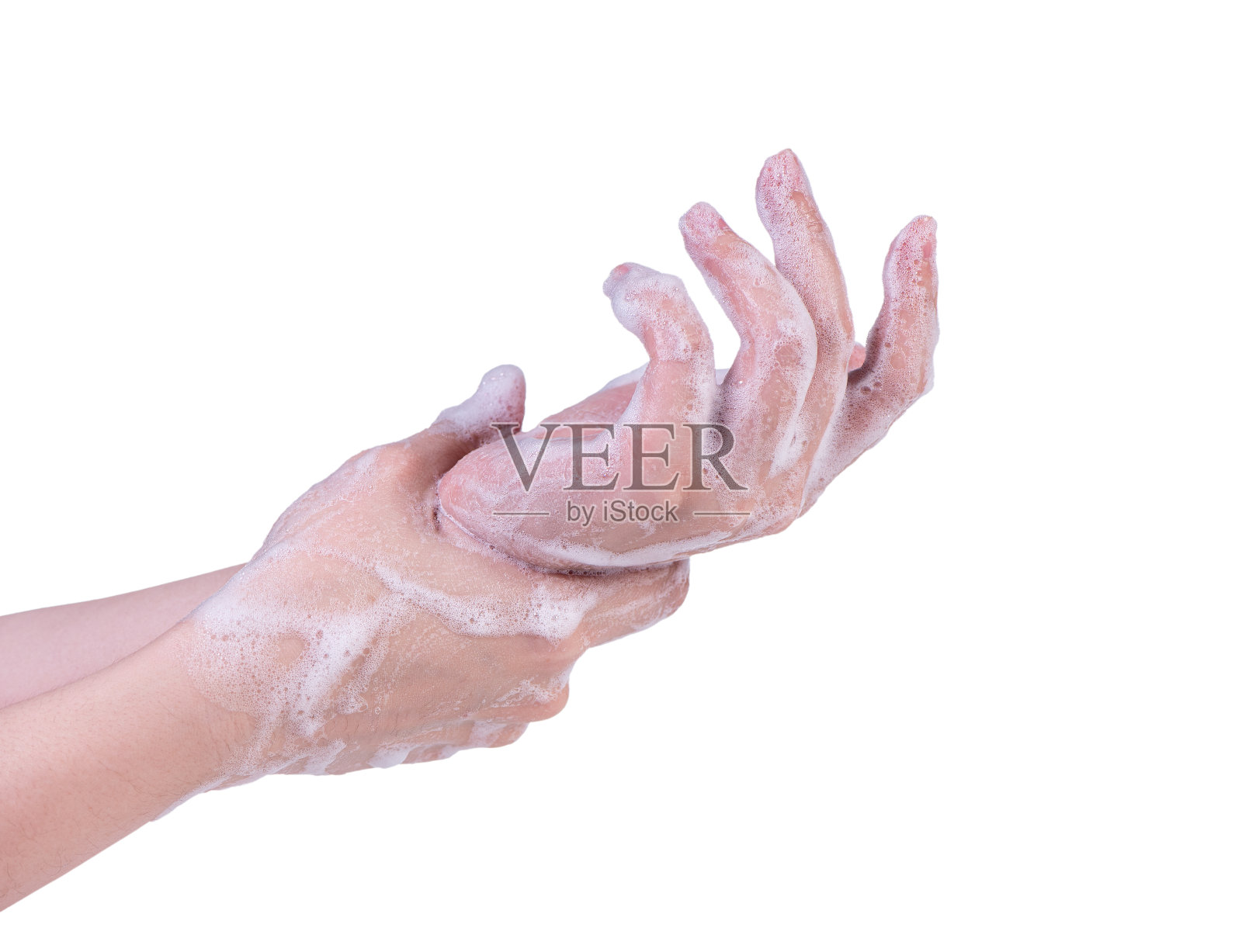 清洗手电步骤指令隔离在白色背景上。亚洲年轻女性使用液体肥皂，保护冠状病毒大流行的概念，近距离。照片摄影图片