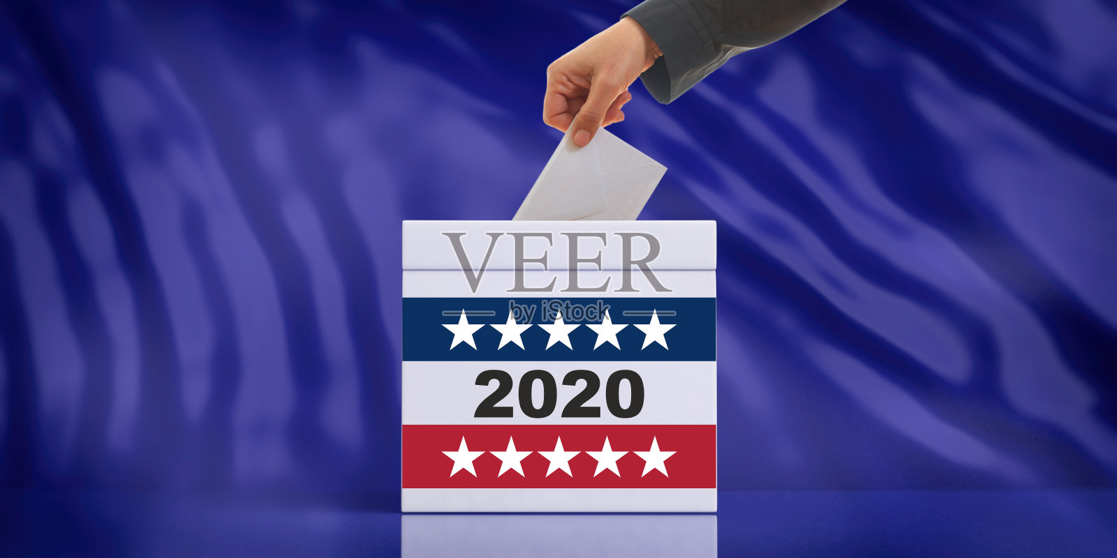 2020年美国大选。将信封插入蓝色背景的投票箱插槽。三维演示照片摄影图片