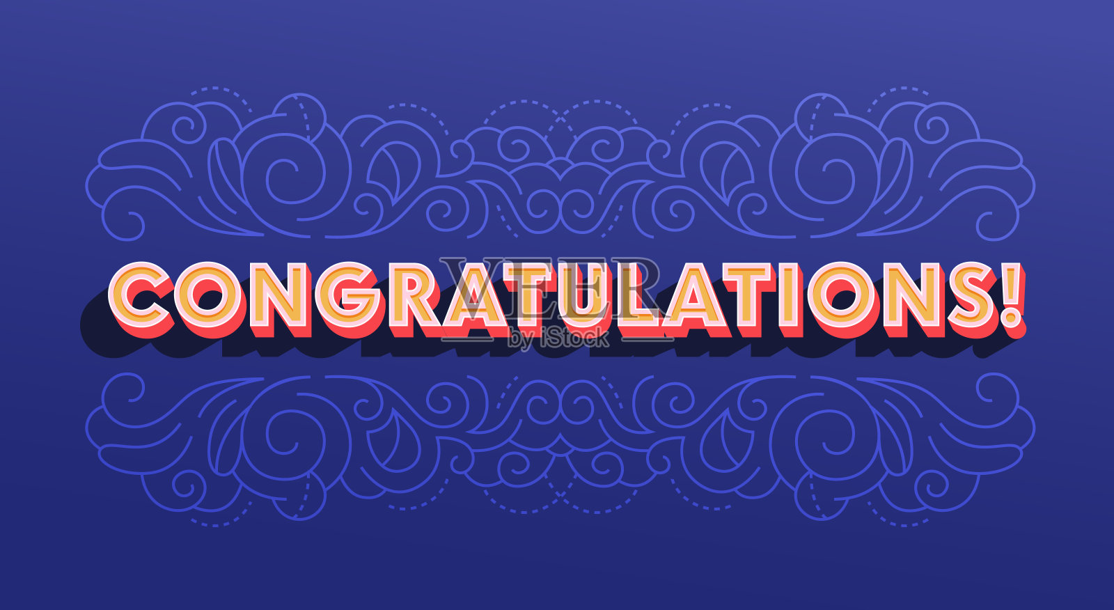 创意横幅与祝贺排版，贺卡与装饰印刷在深蓝色的背景。社交媒体关注者问候，赢家，周年或生日事件。矢量图插画图片素材