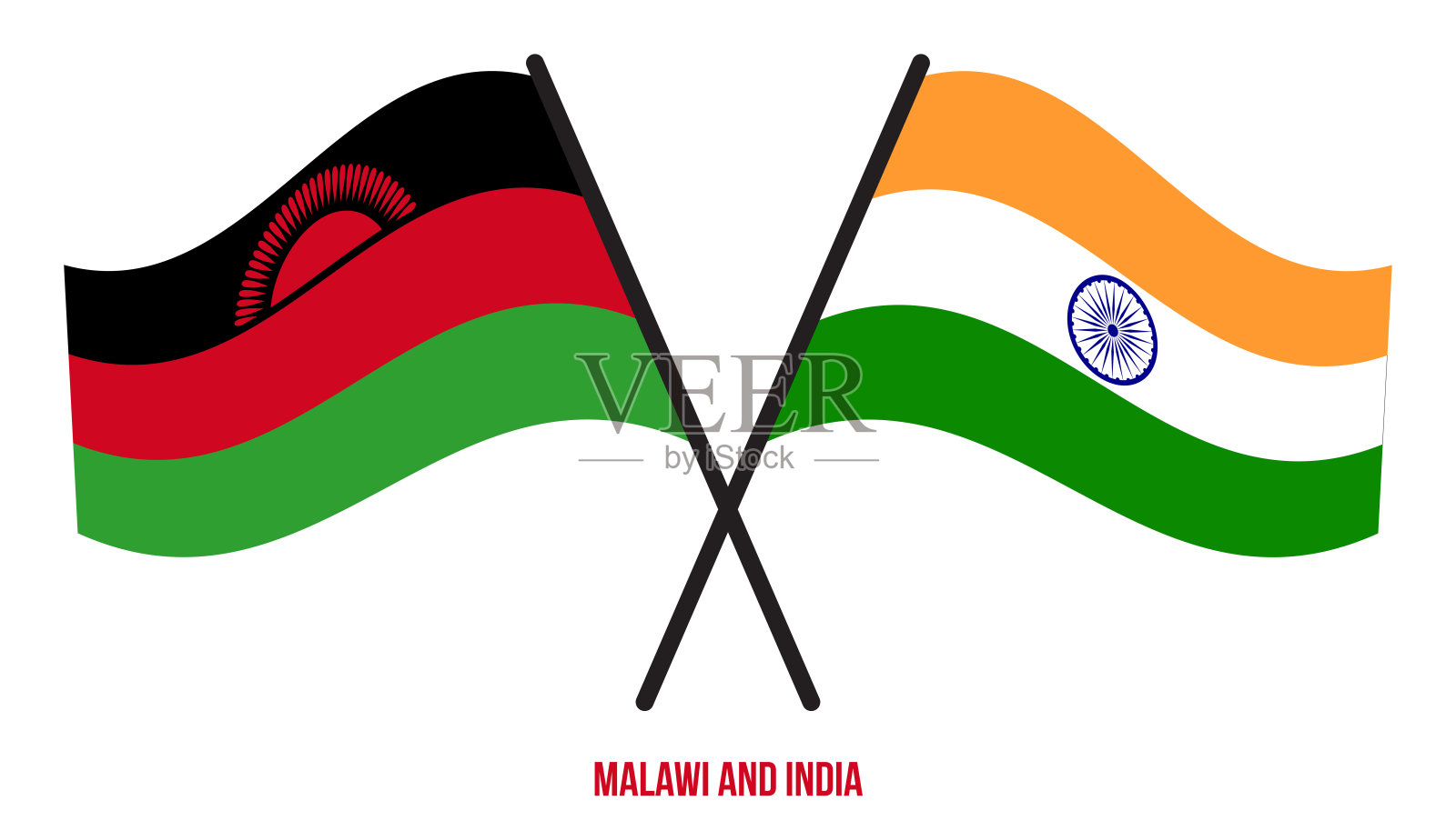 马拉维和印度旗帜交叉和挥舞的平风格。官方的比例。正确的颜色插画图片素材